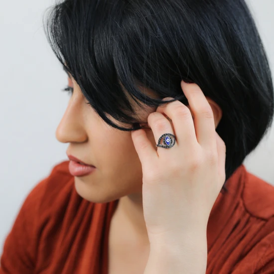 Turkish Evil Eye Shape Adjustable Sterling Silver Ring Turkish Evil Eye Shape Adjustable Sterling Silver Ring