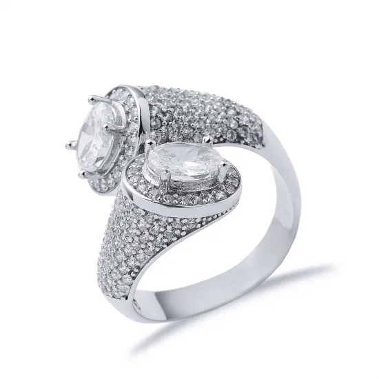 Clear CZ Oval Twin Halo Open Adjustable 925 Silver Ring Clear CZ Oval Twin Halo Open Adjustable 925 Silver Ring