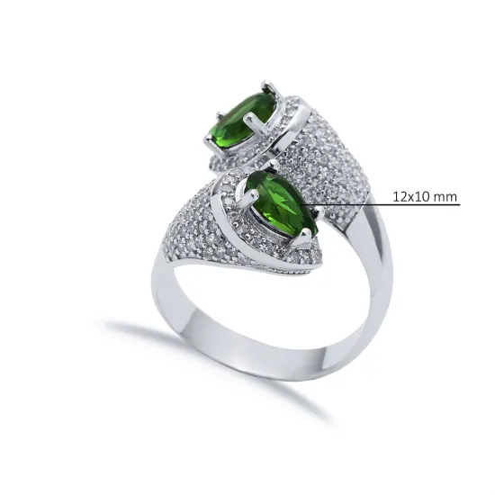 Emerald CZ Rectangle Pear Open Adjustable Silver Ring Emerald CZ Rectangle Pear Open Adjustable Silver Ring