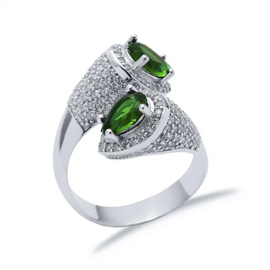Emerald CZ Rectangle Pear Open Adjustable Silver Ring Emerald CZ Rectangle Pear Open Adjustable Silver Ring