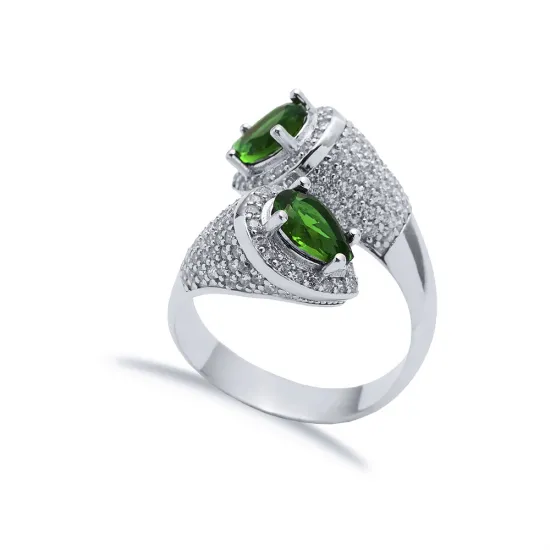 Emerald CZ Rectangle Pear Open Adjustable Silver Ring Emerald CZ Rectangle Pear Open Adjustable Silver Ring