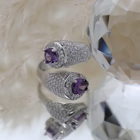 Amethyst CZ Round and Pear Stony Cluster Adjustable Silver Ring Amethyst CZ Round and Pear Stony Cluster Adjustable Silver Ring