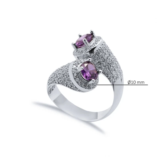 Amethyst CZ Round Stony Cluster Adjustable Silver Ring - Sade 925 Silver Jewelry