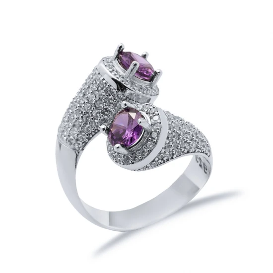 Amethyst CZ Round Stony Cluster Adjustable Silver Ring - Sade 925 Silver Jewelry