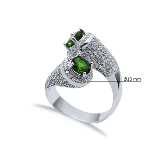Emerald CZ Round Stony Cluster Adjustable Silver Ring