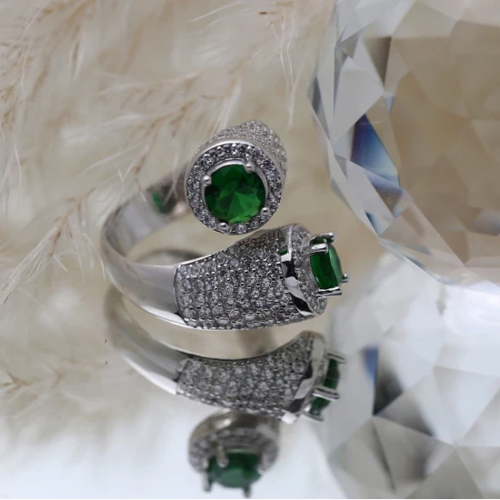 Emerald CZ Round Stony Cluster Adjustable Silver Ring