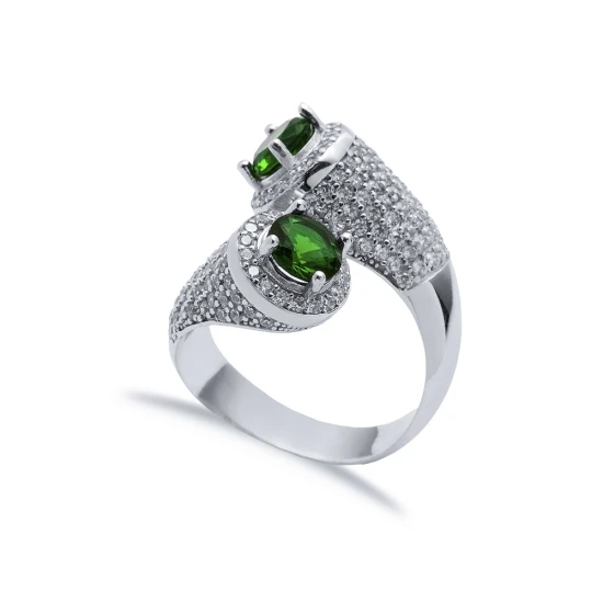 Emerald CZ Round Stony Cluster Adjustable Silver Ring