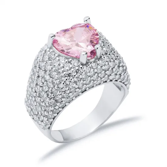 Heart Shape Pink CZ Stones Stony Cluster Silver Ring Heart Shape Pink CZ Stones Stony Cluster Silver Ring