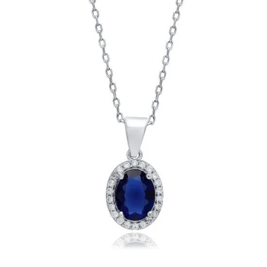 Sapphire CZ Stones Baguette Oval 925 Silver Necklace Sapphire CZ Stones Baguette Oval 925 Silver Necklace