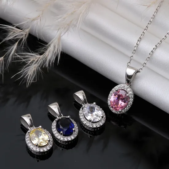 Pink CZ Stones Baguette Oval Silver Charm Necklace