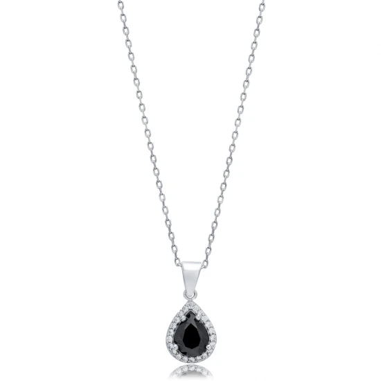 Black CZ Pear 925 Sterling Silver Necklace | 925 Sterling Silver Wholesale | Sade Silver Black CZ Pear 925 Sterling Silver Necklace - Sade 925 Silver Jewelry