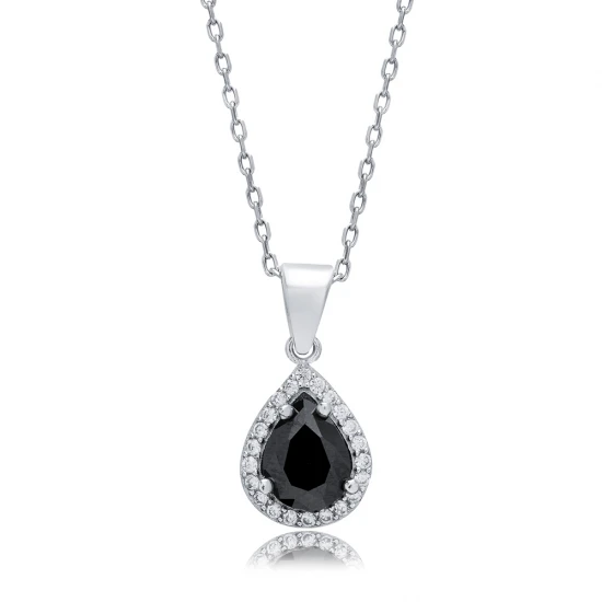 Black CZ Pear 925 Sterling Silver Necklace | 925 Sterling Silver Wholesale | Sade Silver Black CZ Pear 925 Sterling Silver Necklace - Sade 925 Silver Jewelry