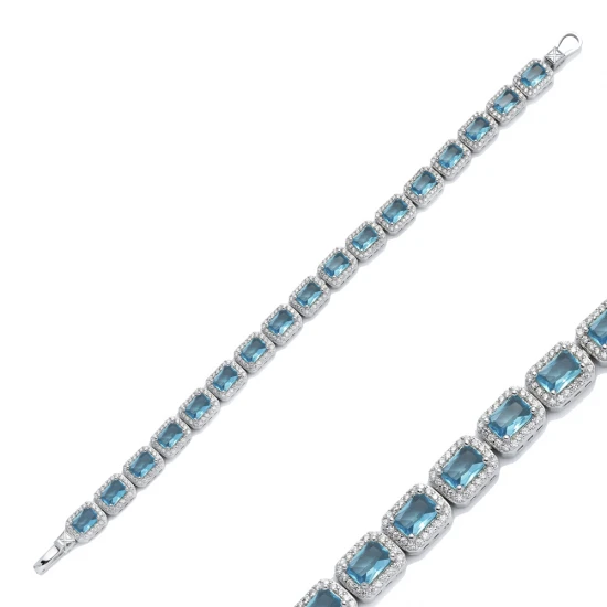 Baguette Aquamarine CZ Tennis Sterling Silver Bracelet Baguette Aquamarine CZ Tennis Sterling Silver Bracelet