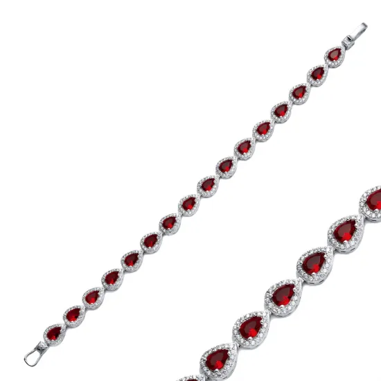 Garnet CZ Pear Tennis 925 Sterling Silver Bracelet