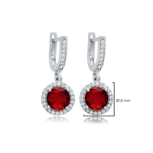 Round Garnet CZ Stones Dangle Sterling Silver Earrings Round Garnet CZ Stones Dangle Sterling Silver Earrings