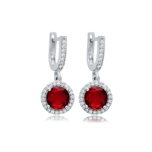 Round Garnet CZ Stones Dangle Sterling Silver Earrings