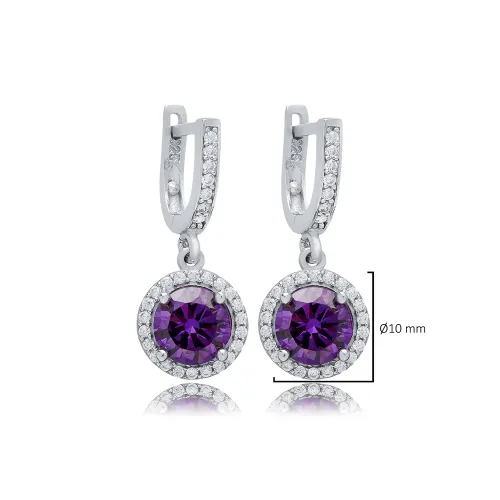 Amethyst CZ Round Dangle 925 Sterling Silver Earrings Amethyst CZ Round Dangle 925 Sterling Silver Earrings