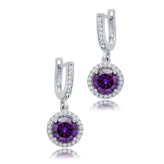 Amethyst CZ Stone Round Design Silver Dangle Earrings Amethyst CZ Stone Round Design Silver Dangle Earrings