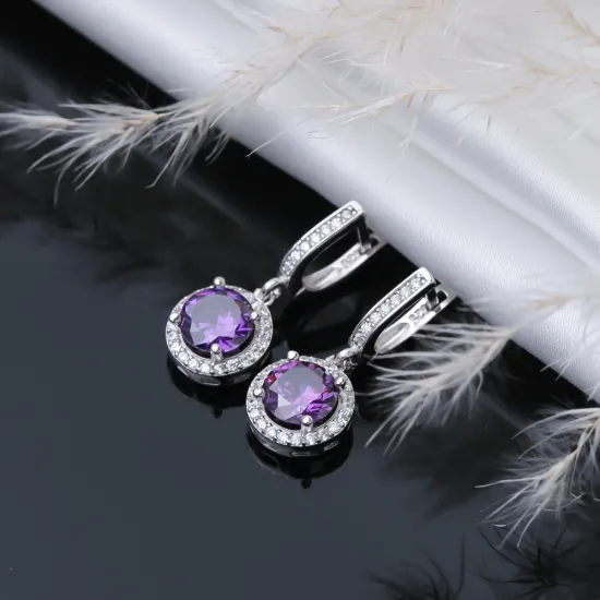 Amethyst CZ Stone Round Design Silver Dangle Earrings Amethyst CZ Stone Round Design Silver Dangle Earrings