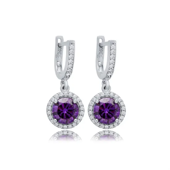 Amethyst CZ Stone Round Design Silver Dangle Earrings Amethyst CZ Stone Round Design Silver Dangle Earrings