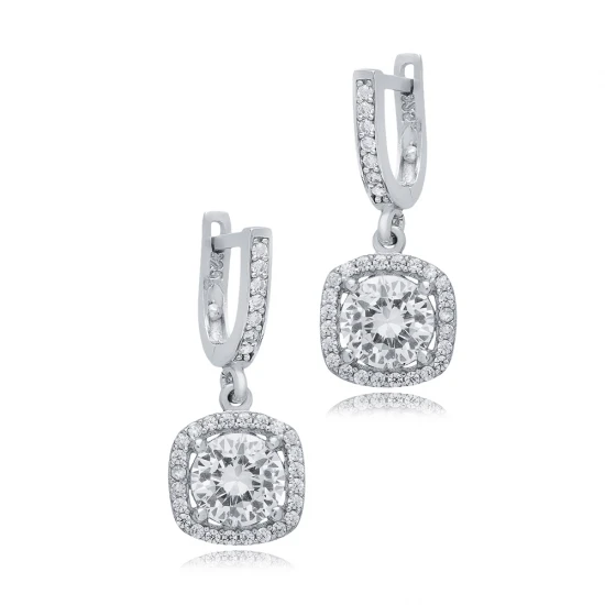 White CZ Square Dangle 925 Sterling Silver Earrings - Sade 925 Silver Jewelry