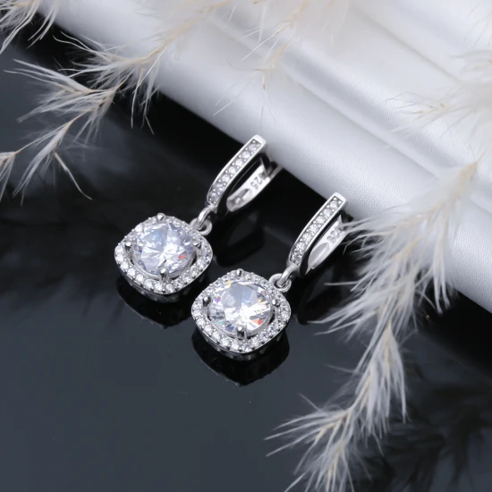 White CZ Square Dangle 925 Sterling Silver Earrings - Sade 925 Silver Jewelry