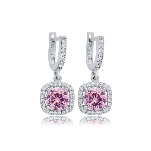 Pink CZ Square Dangle 925 Sterling Silver Earrings