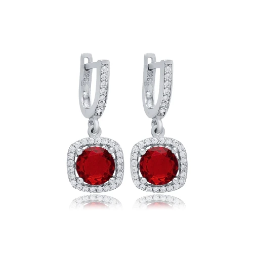 Garnet CZ Square Dangle 925 Sterling Silver Earrings