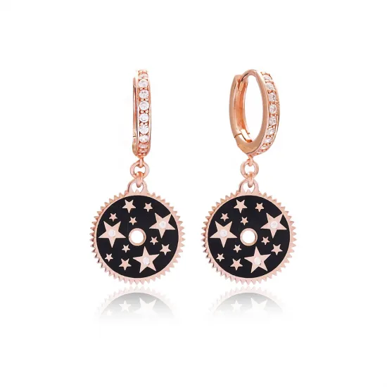 Round Black Enamel Dangle 925 Sterling Silver Earrings Round Black Enamel Dangle 925 Sterling Silver Earrings
