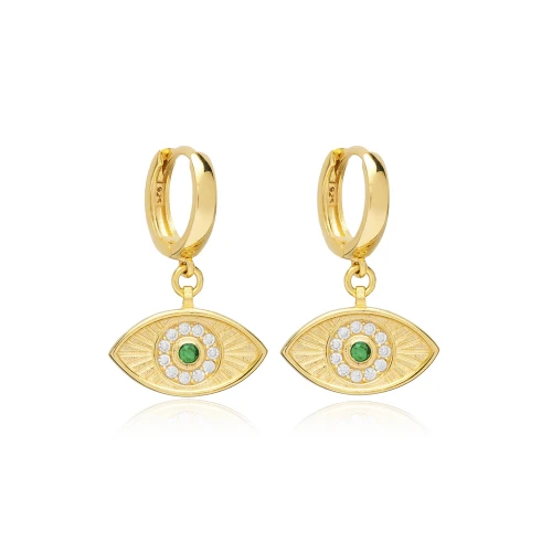 Emerald CZ Evil Eye Shape Dangle 925 Silver Earrings