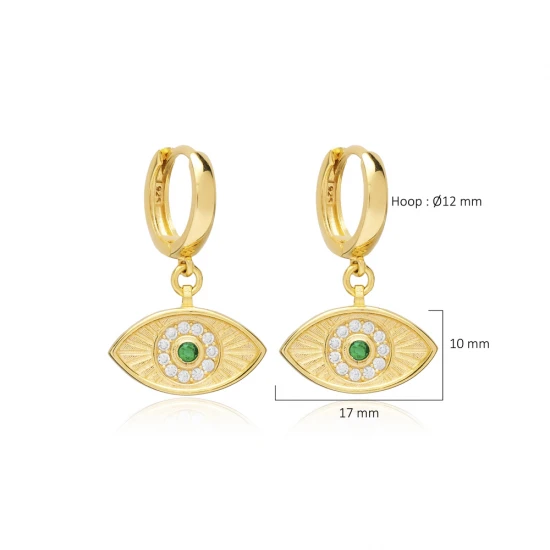 Emerald CZ Evil Eye Shape Dangle 925 Silver Earrings | 925 Sterling Silver Wholesale | Sade Silver Emerald CZ Evil Eye Shape Dangle 925 Silver Earrings - Sade 925 Silver Jewelry