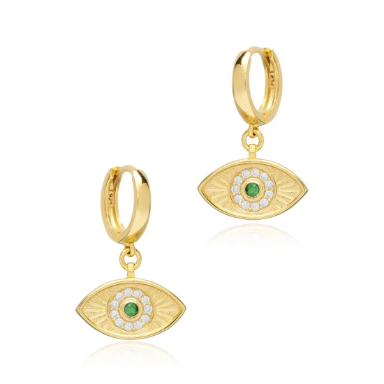 Emerald CZ Evil Eye Shape Dangle 925 Silver Earrings | 925 Sterling Silver Wholesale | Sade Silver Emerald CZ Evil Eye Shape Dangle 925 Silver Earrings - Sade 925 Silver Jewelry