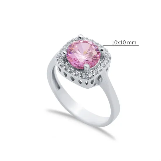 Square Design Pink CZ Stones Cluster Women Silver Ring Square Design Pink CZ Stones Cluster Women Silver Ring