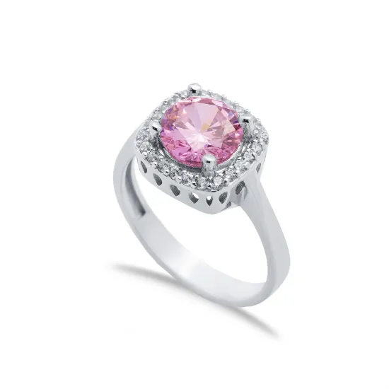 Square Design Pink CZ Stones Cluster Women Silver Ring Square Design Pink CZ Stones Cluster Women Silver Ring