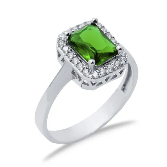 Rectangle Design Emerald CZ Stones Cluster Women Silver Ring Rectangle Design Emerald CZ Stones Cluster Women Silver Ring
