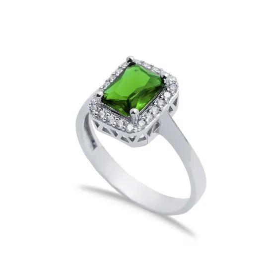 Rectangle Design Emerald CZ Stones Cluster Women Silver Ring Rectangle Design Emerald CZ Stones Cluster Women Silver Ring