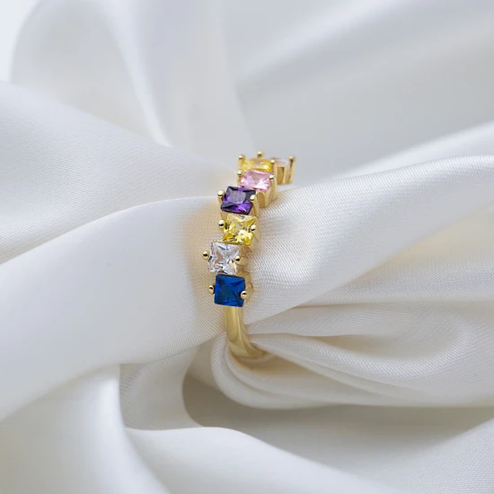 Mix Colorful Baguette Cluster 925 Sterling Silver Ring Mix Colorful Baguette Cluster 925 Sterling Silver Ring