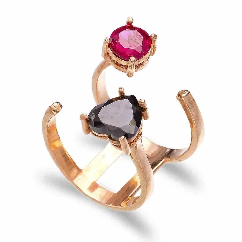 Turkish Heart Cut Onyx And Ruby Adjustable Silver Ring