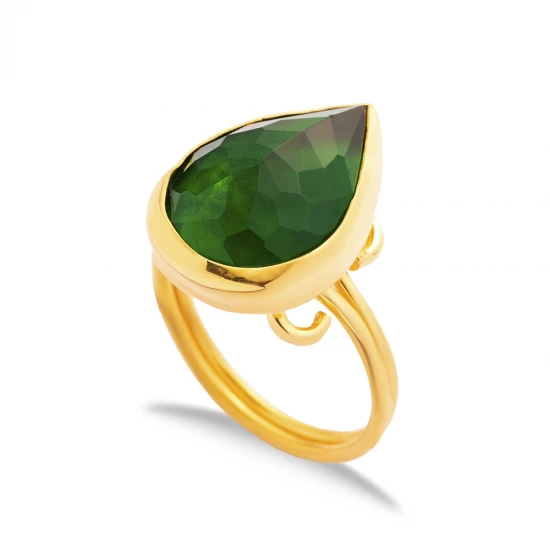Emerald Quartz Pear Bezel Open Adjustable Silver Ring | 925 Sterling Silver Wholesale | Sade Silver Emerald Quartz Pear Bezel Open Adjustable Silver Ring - Sade 925 Silver Jewelry
