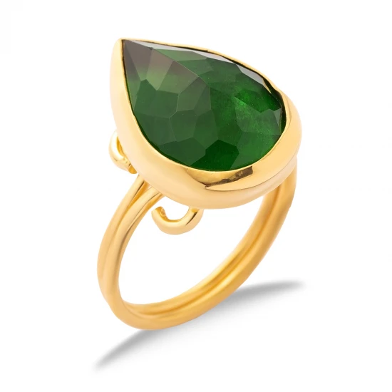 Emerald Quartz Pear Bezel Open Adjustable Silver Ring | 925 Sterling Silver Wholesale | Sade Silver Emerald Quartz Pear Bezel Open Adjustable Silver Ring - Sade 925 Silver Jewelry