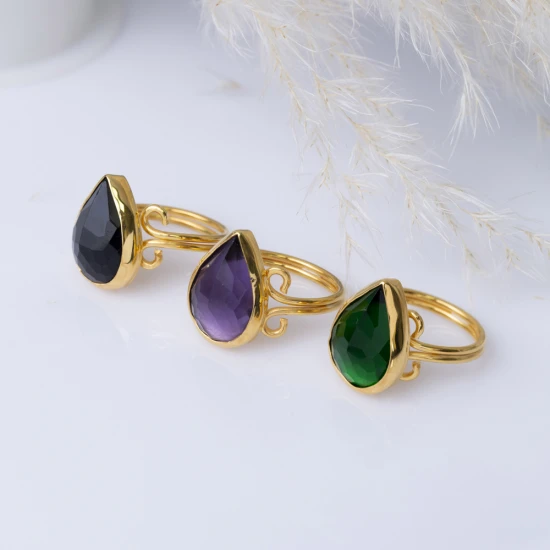 Emerald Quartz Pear Bezel Open Adjustable Silver Ring | 925 Sterling Silver Wholesale | Sade Silver Emerald Quartz Pear Bezel Open Adjustable Silver Ring - Sade 925 Silver Jewelry
