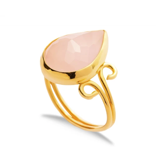 Pink Quartz Pear Drop Gold Bezel Adjustable Silver Ring