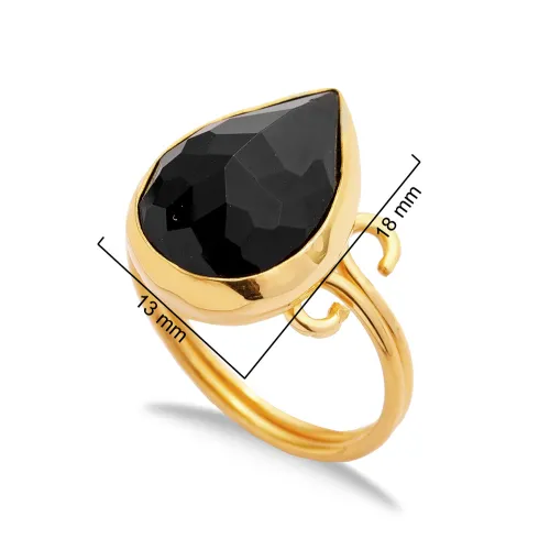 Black Quartz Pear Bezel Open Adjustable 925 Silver Ring Black Quartz Pear Bezel Open Adjustable 925 Silver Ring