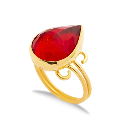 Ruby Quartz Pear Drop Gold Bezel Adjustable Silver Ring