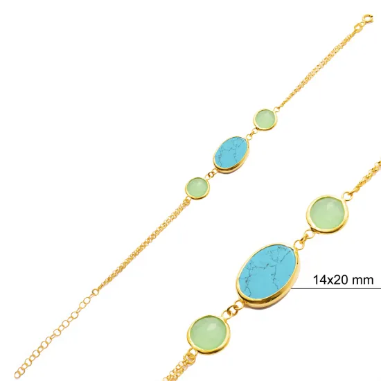 Turquoise Quartz Oval Bezel Chain 925 Silver Bracelet