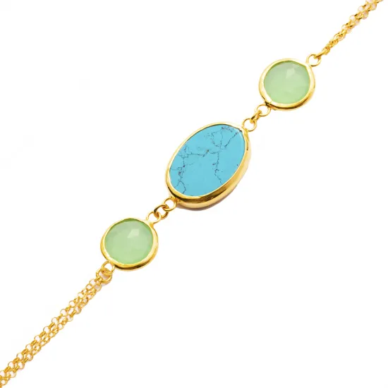 Turquoise Quartz Oval Bezel Chain 925 Silver Bracelet