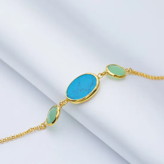 Turquoise Quartz Oval Bezel Chain 925 Silver Bracelet