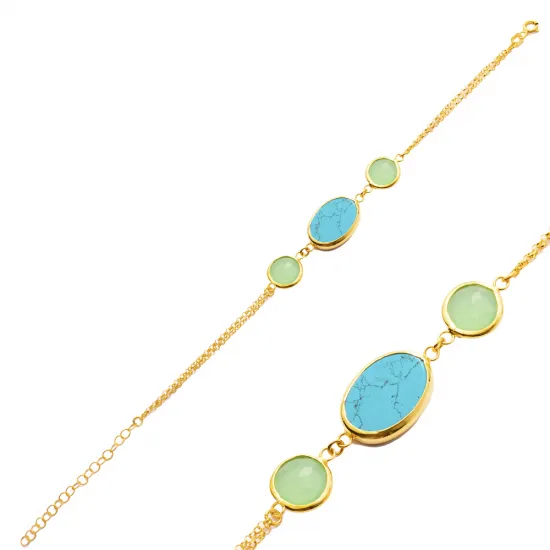 Turquoise Quartz Oval Bezel Chain 925 Silver Bracelet