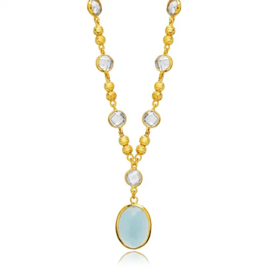 Aquamarine Quartz Oval Gold Bezel 925 Silver Necklace