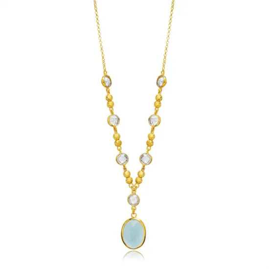 Aquamarine Quartz Oval Gold Bezel 925 Silver Necklace